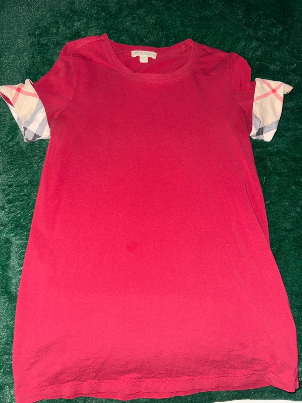 Women Red Short Sleeve Tee with Plaid Cuff Detail